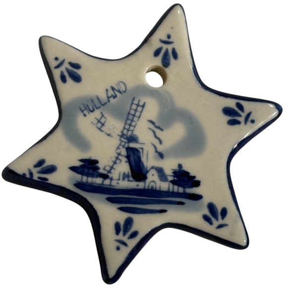 ornament blue white handmade Holland Netherlands windmill 6 point star ceramic - Picture 4 of 5